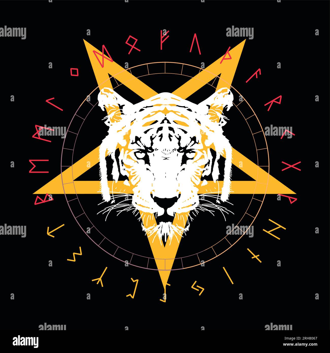 Design für T-Shirt mit Tigerkopf über Dämonenstern und Runenalphabet. Vektor-Illustration über satanische Riten. Stock Vektor