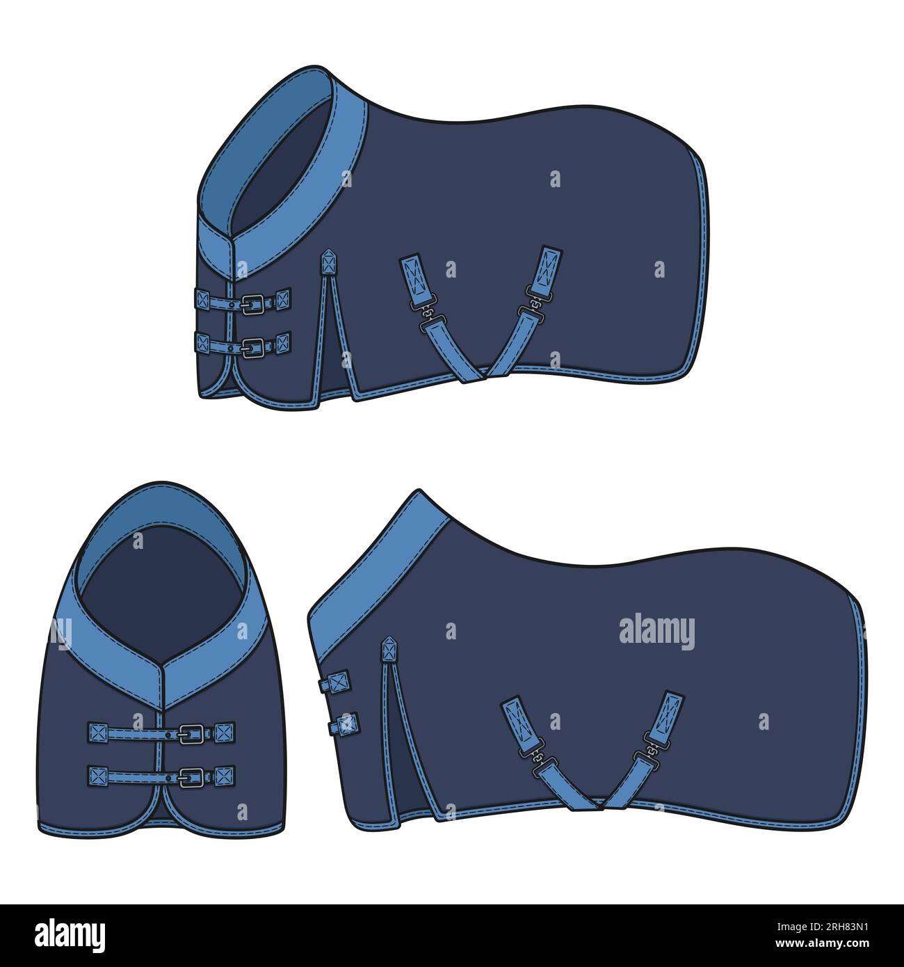 Farbabbildung mit blauer Pferdedecke und Horsecloth. Isolierte Vektorobjekte auf weißem Hintergrund. Stock Vektor