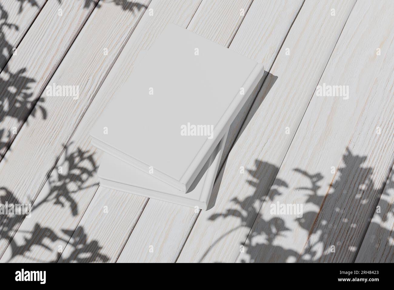 Leeres Whitepaper für Ihr Design. Modell von zwei vergrabenen leeren Büchern auf weißem Holzhintergrund, Draufsicht. Buchlayout, Notizblock. 3D-Rendering. Stockfoto