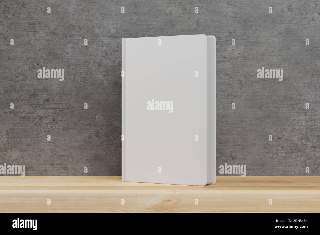 Modell eines Buches, das auf einem Holzregal mit einer grauen Betonwand steht. Modell für Ihr Cover-Design, Notizbuch. Leere Hülle für dein Design. 3D Rend Stockfoto