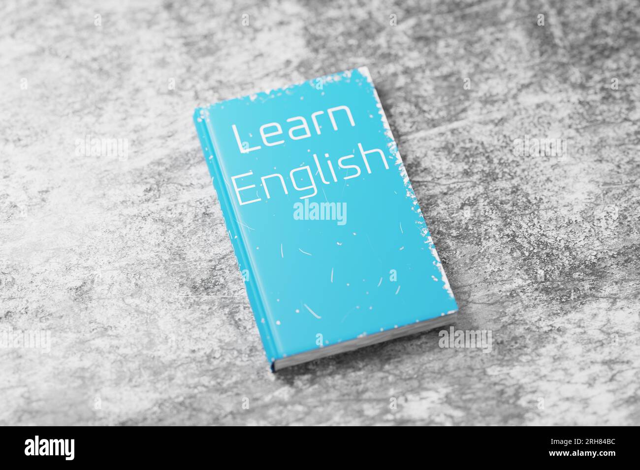 Englisches Lehrbuch auf einem Zementtisch. Englisch lernen. Englische Grammatik. Englischsprachiges Lehrbuch zum Sprachenlernen. 3D-Rendering. Stockfoto