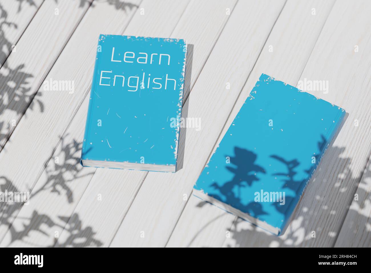 Englisch lernen. Englisches Lehrbuch auf einem weißen Holztisch. Englische Grammatik. Englischsprachiges Lehrbuch zum Sprachenlernen. 3D-Rendering. Stockfoto