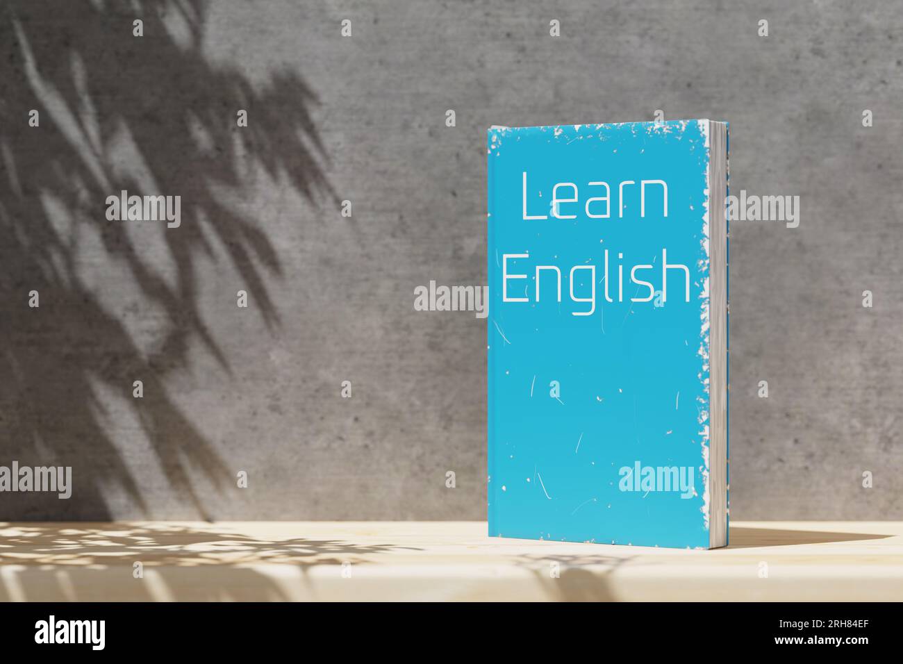 Englische Grammatik. Englisches Lehrbuch steht auf einem Holzregal. Englisch lernen. Englischsprachiges Lehrbuch zum Sprachenlernen. 3D-Rendering. Stockfoto