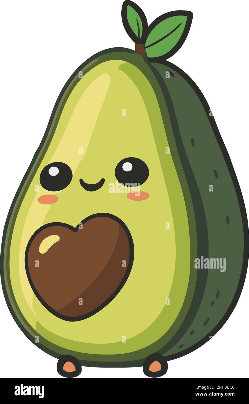 Avocado im Chibi-Stickerstil mit Herzsteingrube. Süße Kawaii-Cartoon-Essensfigur. Vektorgrafik. Videospiel, Manga, Comic oder Märchenbuch. Stock Vektor