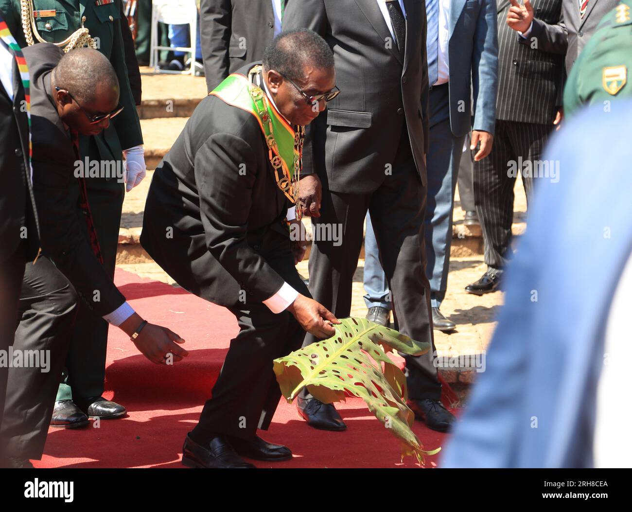 Harare, Simbabwe. 14. Aug. 2023. Der simbabwische Präsident Emmerson Mnangagwa zollt den 43. Heldentag auf dem National Heroes Acre in Harare, Simbabwe, 14. August 2023, mit Blumen Tribut. Jeden zweiten Montag im August versammeln sich Simbabwer auf dem National Heroes Acre, um den Kriegskämpfern der Befreiung, die die Waffen aufgriffen und den Kolonialismus bekämpften, Tribut zu zollen. Kredit: Shaun Jusa/Xinhua/Alamy Live News Stockfoto