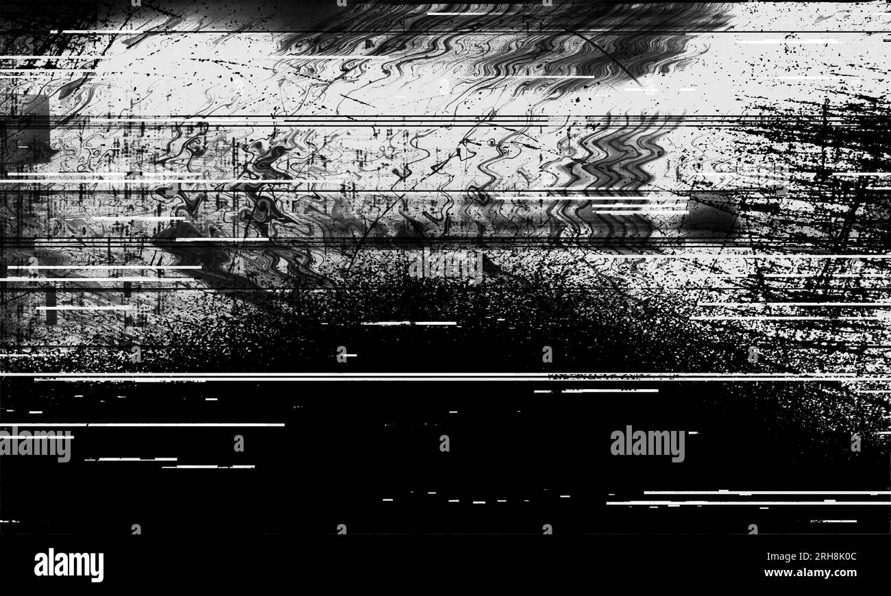 Abstrakter Hintergrund-beschädigter Bildschirm. Schwarzes Störgeräusch auf schwarzer Textur, zerkratzt mit Staub. Zerkratzter Hintergrund entfernen. Retro-Textur. Grun Stockfoto