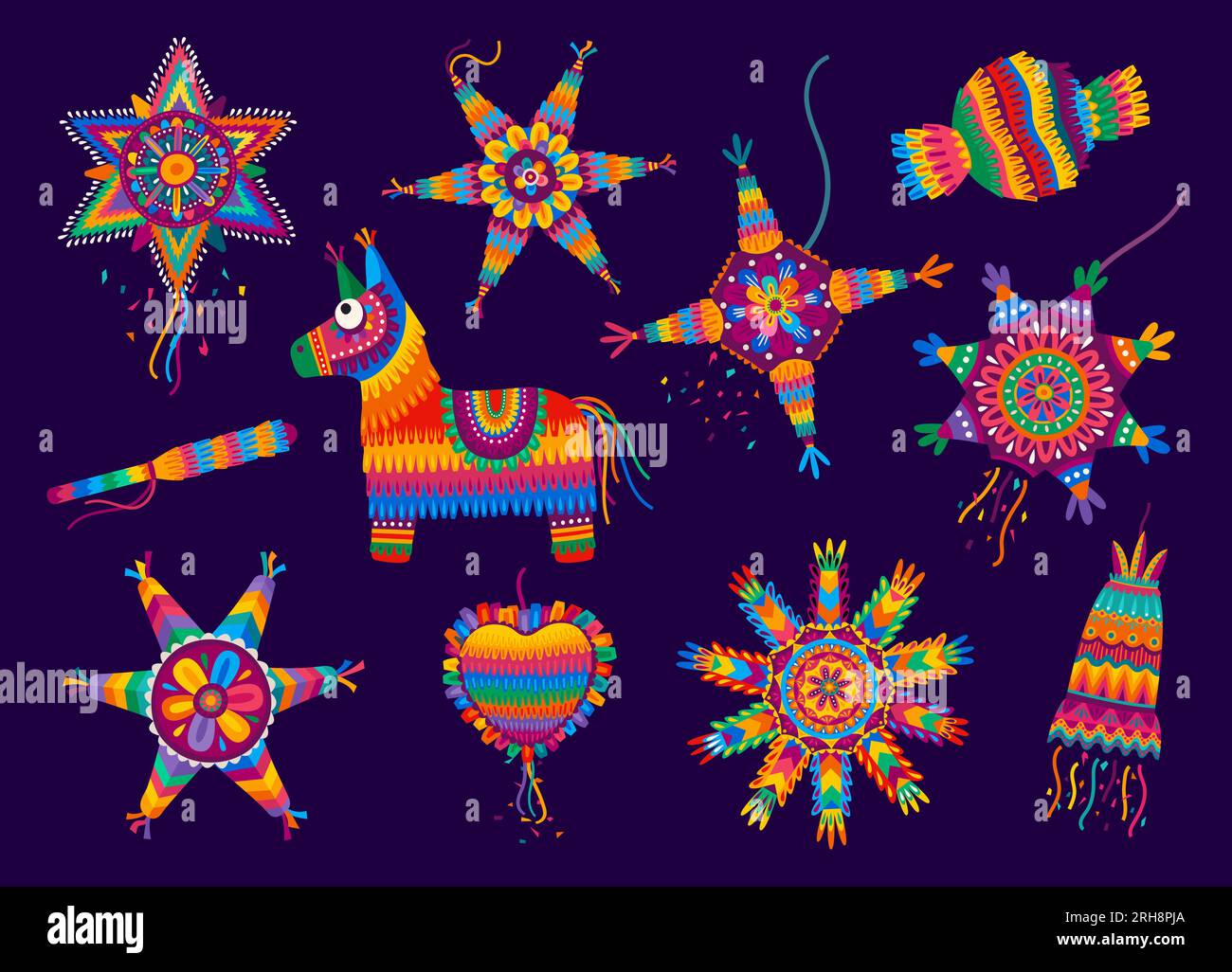 Mexikanische Urlaub-Pinatas mit Cartoon. Ein Vektorset beliebter dekorativer Gegenstände in Form eines Esels, Sterns oder Herzens, gefüllt mit Süßigkeiten und Spielzeug, sind eine lustige Tradition bei Festen und Partyfeiern Stock Vektor