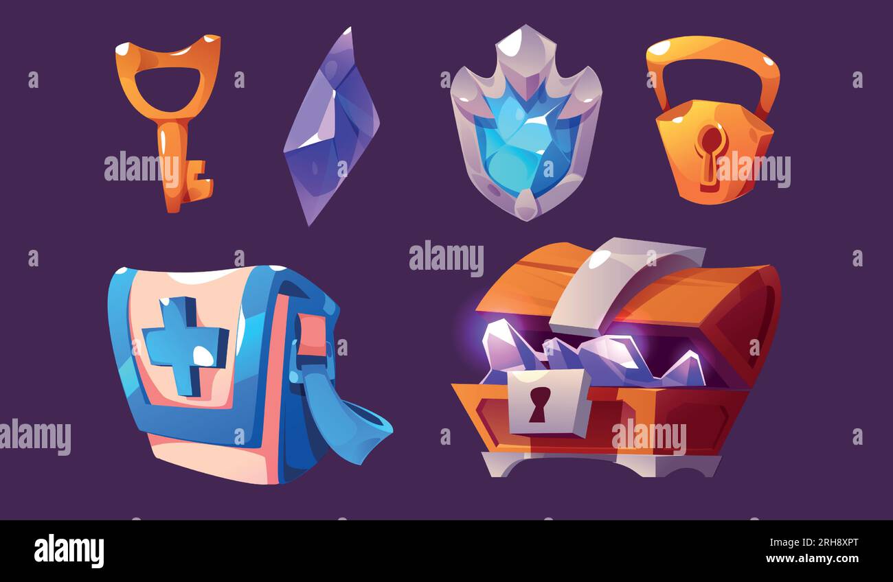 Satz von Zeichentrickspiel-ui-Symbolen, isoliert im Hintergrund. Vektordarstellung einer offenen Schatztruhe aus Holz mit Amethyst, goldenem Schlüssel und Schloss, blauem Edelstein in silbernem Rahmen, Tasche mit Kreuz. Steckplatzsymbole Stock Vektor