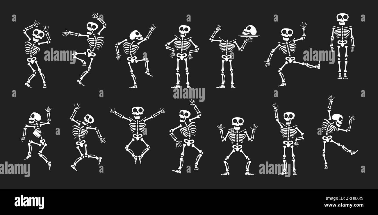 Skelette tanzen mit verschiedenen Positionen flaches Design Vektorbildungs-Set. Lustiger Tanz Halloween oder Day of the Dead Skeletons Sammlung. Stock Vektor