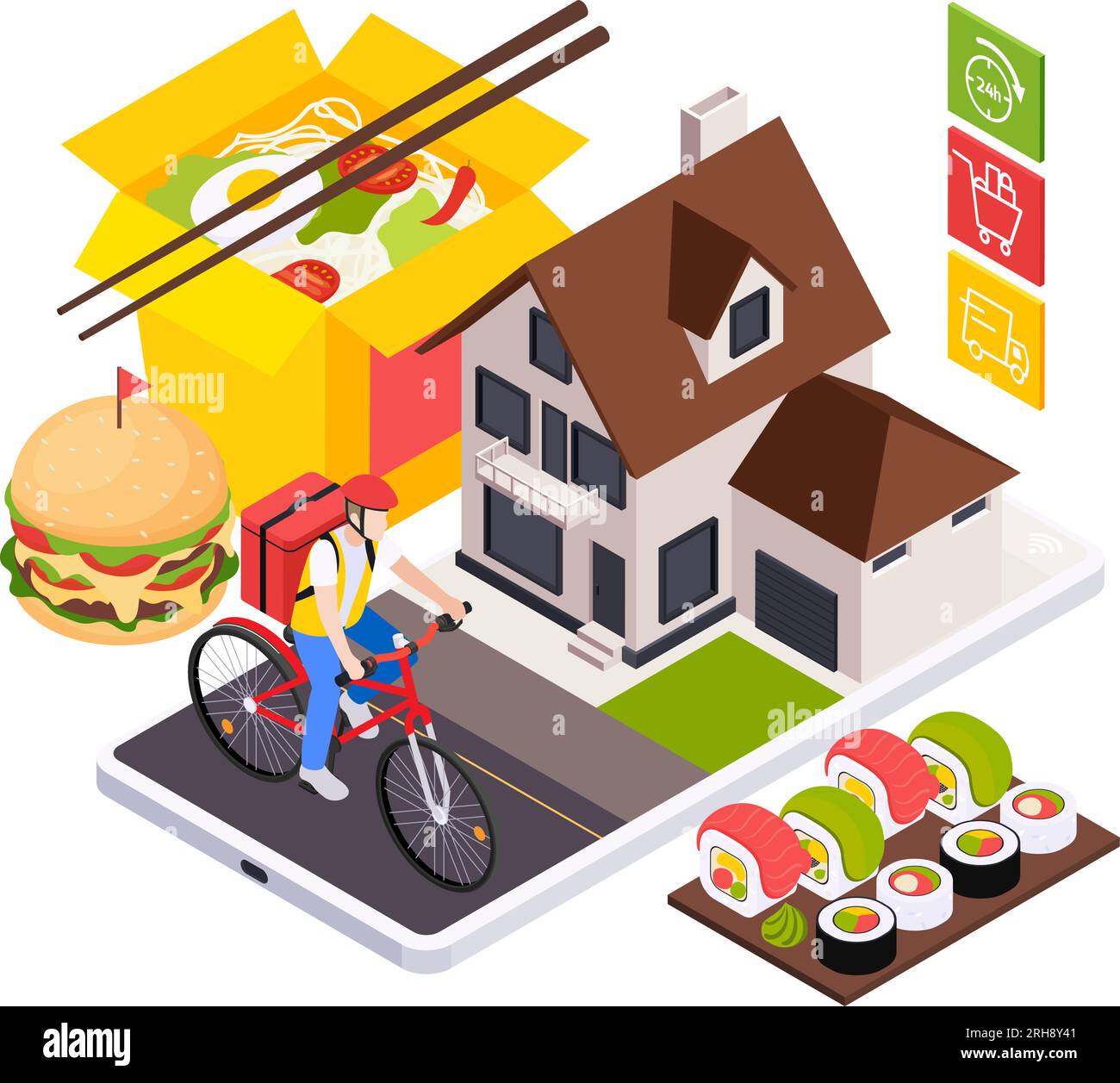 Isometrische Infografiken mit Symbolen von Meals Smartphone und Vektorgrafik für Lieferjungen zum Online-Lieferservice für Lebensmittel zum Mitnehmen Stock Vektor