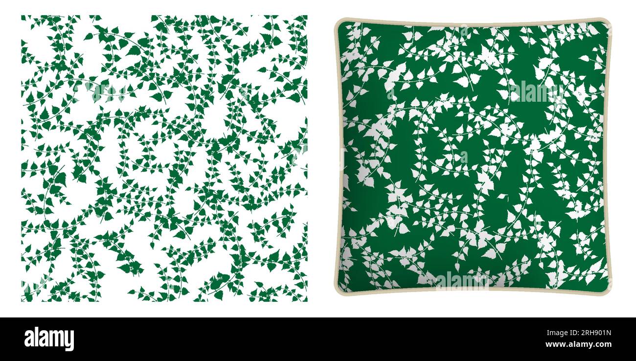 Quadratisches dekoratives Kissen, Schlafzimmerzubehör dekoriert dünne Birkenzweige und grüne Blätter nahtloses Muster. Blumenschmuck. Vektorschmuck für Design Stock Vektor