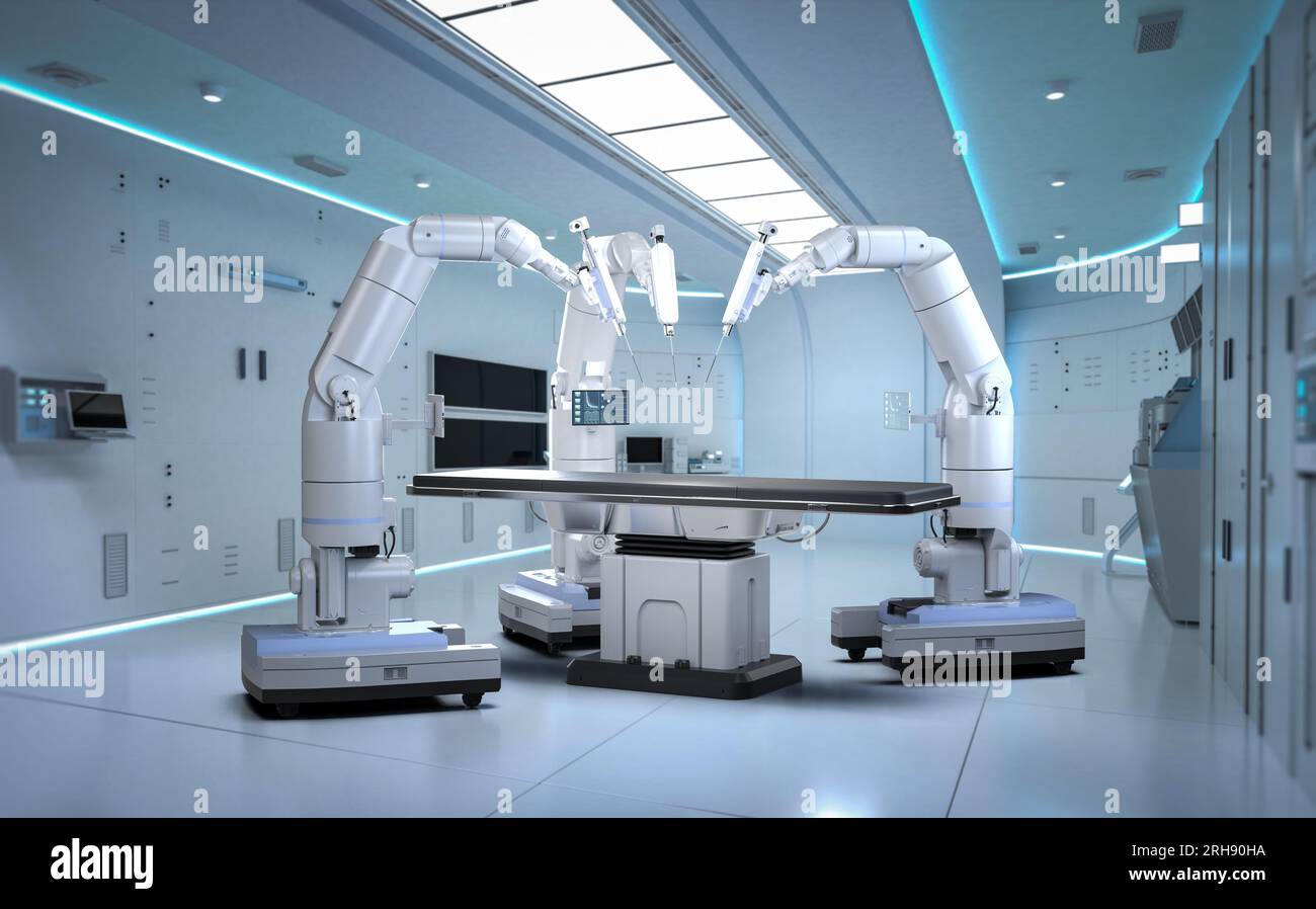 Medizintechnik mit 3D-Rendering roboterassistierter Chirurgie im Operationssaal Stockfoto