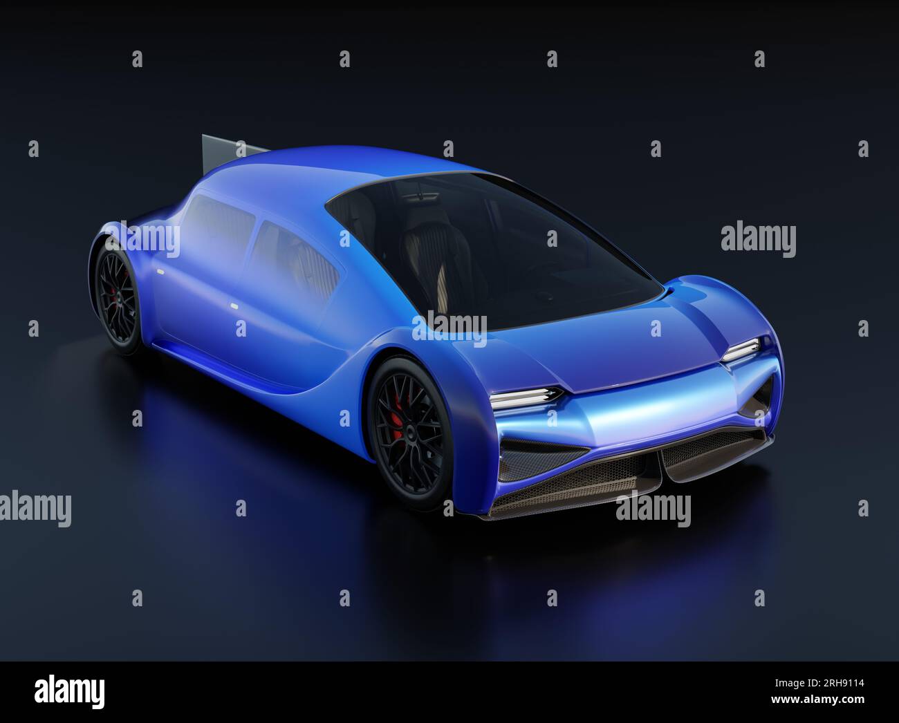 Blaues Elektroauto isoliert auf schwarzem Hintergrund. Generische Konstruktion, 3D-Rendering-Bild. Stockfoto