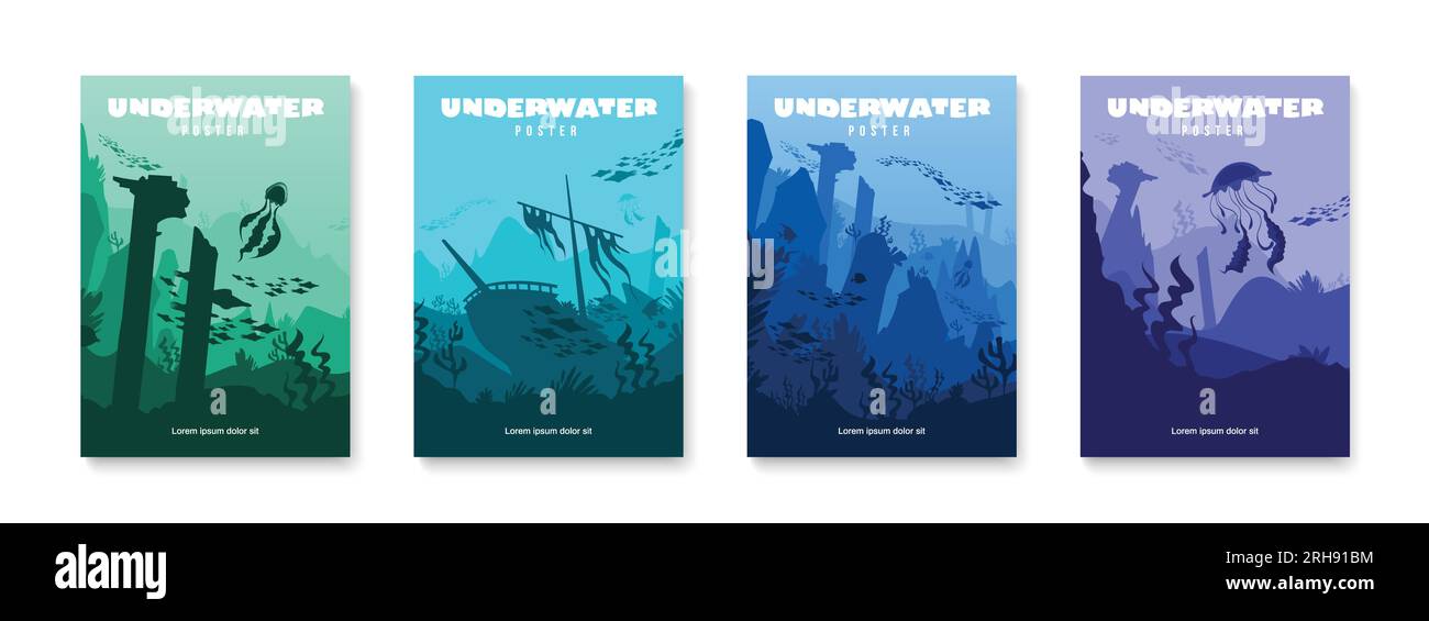 Unterwasser-Poster mit Silhouetten von versunkenen Schiffen, Riffs, Fischen und anderen Meeresbewohnern, isolierte Vektordarstellung Stock Vektor