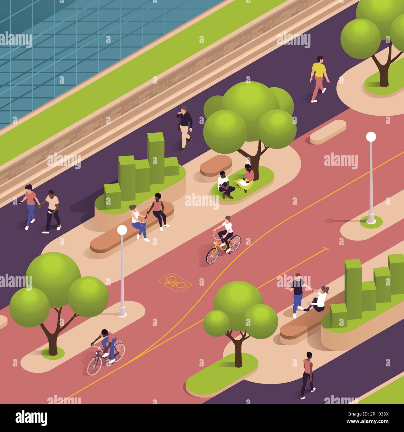 Städtische Grünflächen Öko-Design isometrische Zusammensetzung Grünpark mit Wanderern, Sträuchern, Bäumen und dem Radweg Vektorbild Stock Vektor
