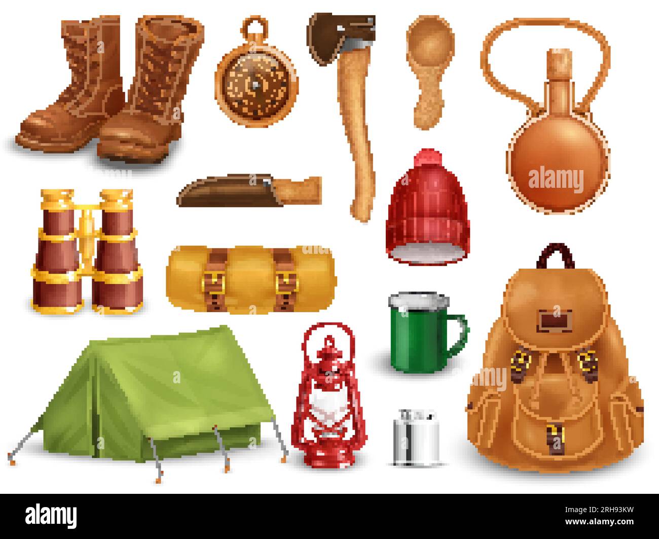 Realistisches, klassisches Campingset mit Einzelbildern mit Werkzeugen, warmer Kleidung, Flaschen und anderen nichtssagenden Gegenständen, Vektordarstellung Stock Vektor