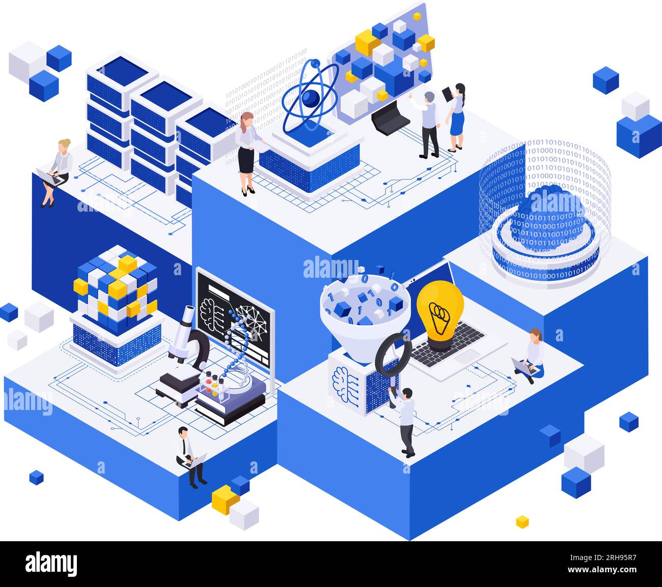 Isometrisches Konzept zur Erstellung von Inhalten auf Basis von KI mit menschlichen Charakteren und Vektordarstellung von Elementen künstlicher Intelligenz Stock Vektor