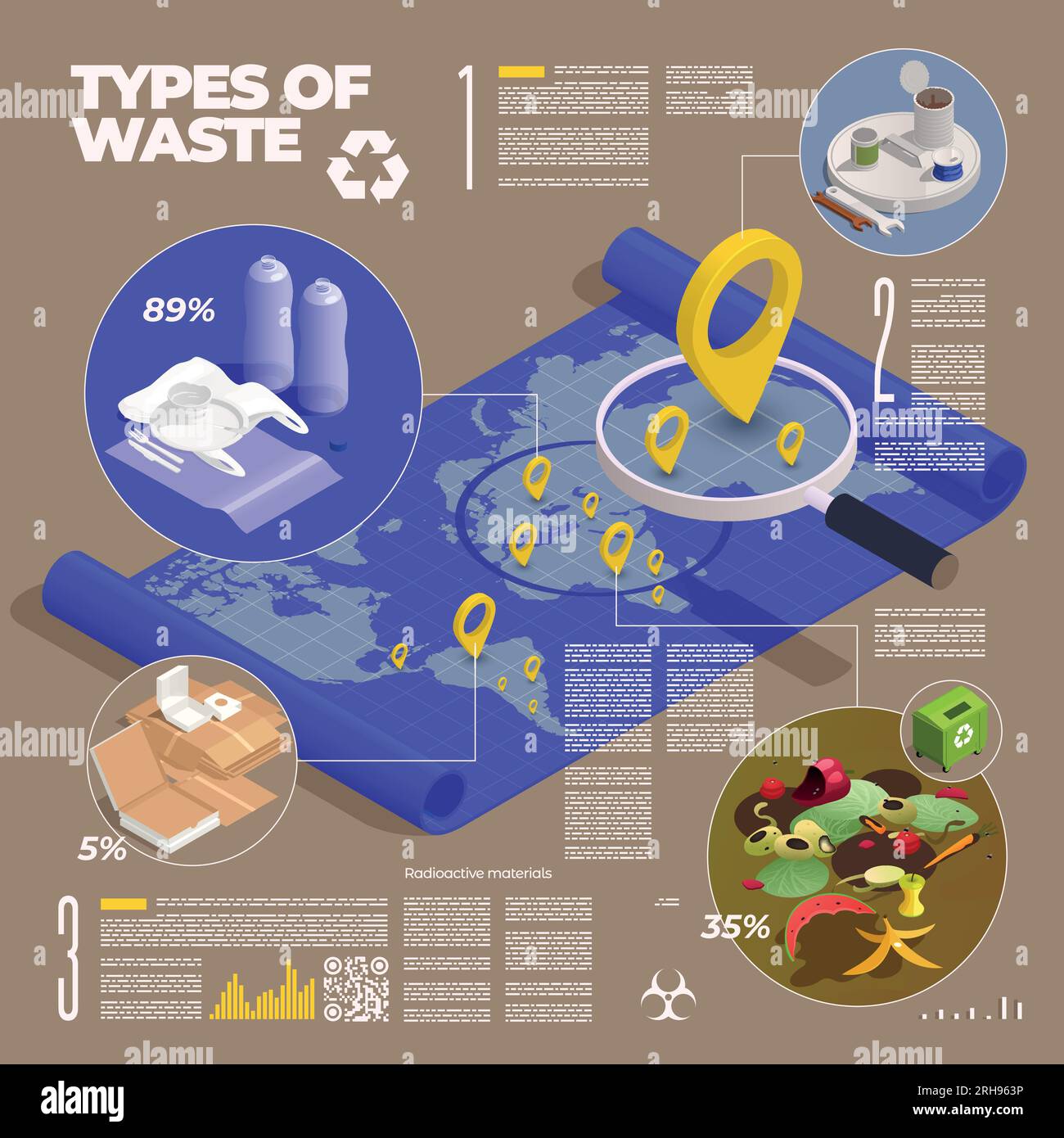 Isometrische Infografiken zur Entsorgung von E-Waste mit editierbaren Textgrafiken Weltkarte mit Positionsschildern und Müllvektorgrafik Stock Vektor