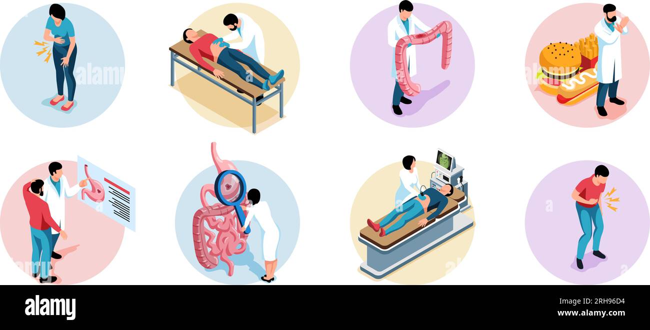 Isometrische Kompositionen des Gastroenterologen mit Patienten mit schmerzhaften Symptomen Ärzte untersuchen Menschen ungesunde Organe isolierte Vektor Illustra Stock Vektor