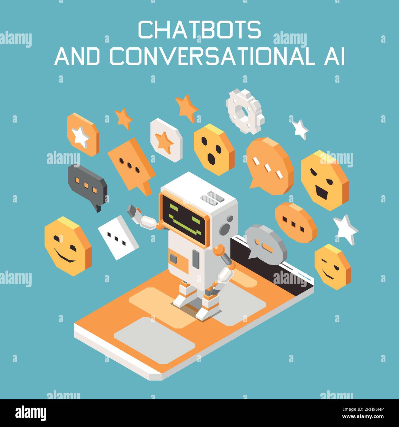 Isometrisches Farbkonzept für Marketing-KI-Technologien mit Chatbots und Vektordarstellung für die AI-Beschreibung im Gespräch Stock Vektor