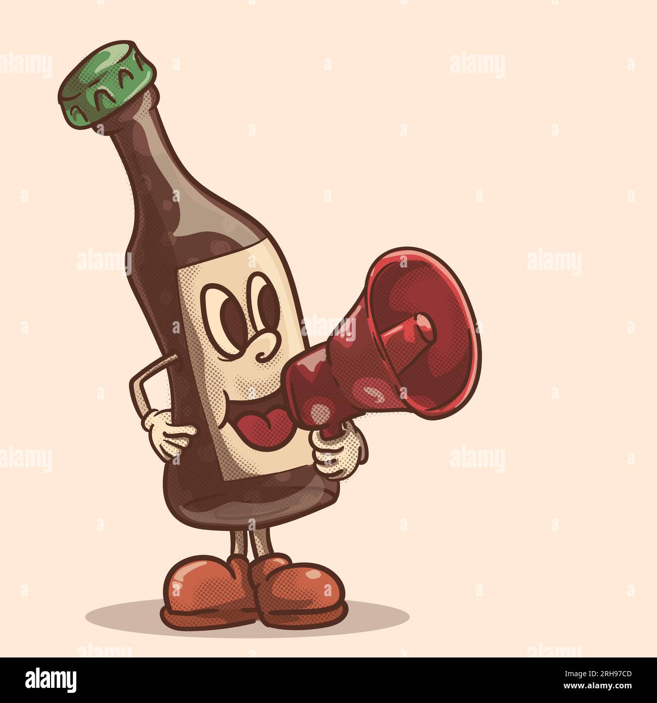 Cartoon-Bierflasche mit Megafon-Gesichtsausdruck für Bierwerbung. Flippiges Bier-Retro-Maskottchen Stock Vektor