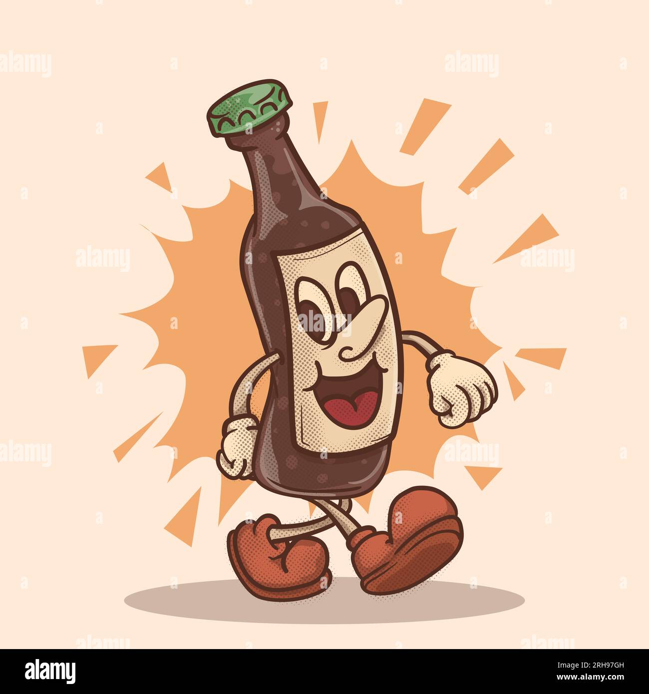 Wandelnde Bierflasche mit fröhlichem Zeichentrickgesicht. Flippiges Bier-Retro-Maskottchen Stock Vektor