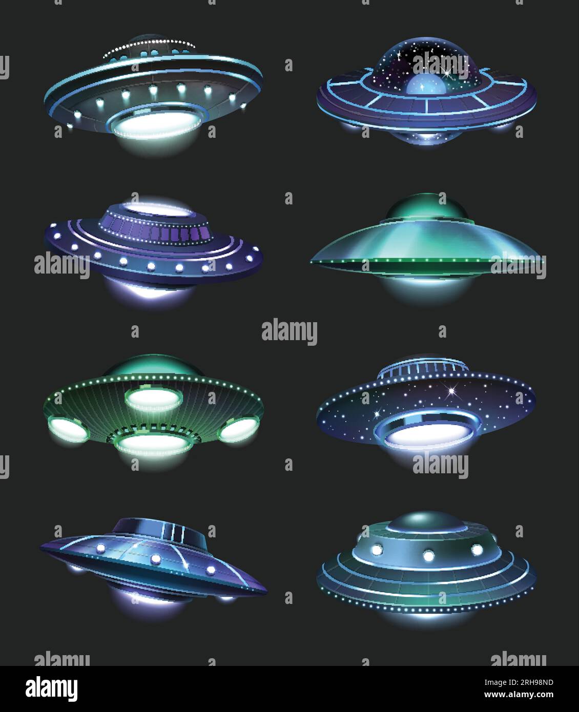 UFO-Raumschiff realistische Ikonen mit außerirdischen Raumfahrzeugen in farbigen Lichtern, isolierte Vektordarstellung Stock Vektor