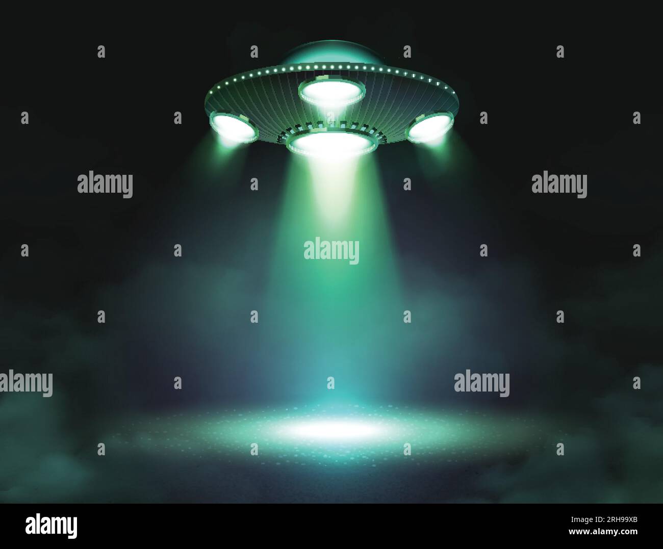 UFO-Raumschiff-Poster mit fliegender Untertasse mit projizierter Lichtvektordarstellung Stock Vektor