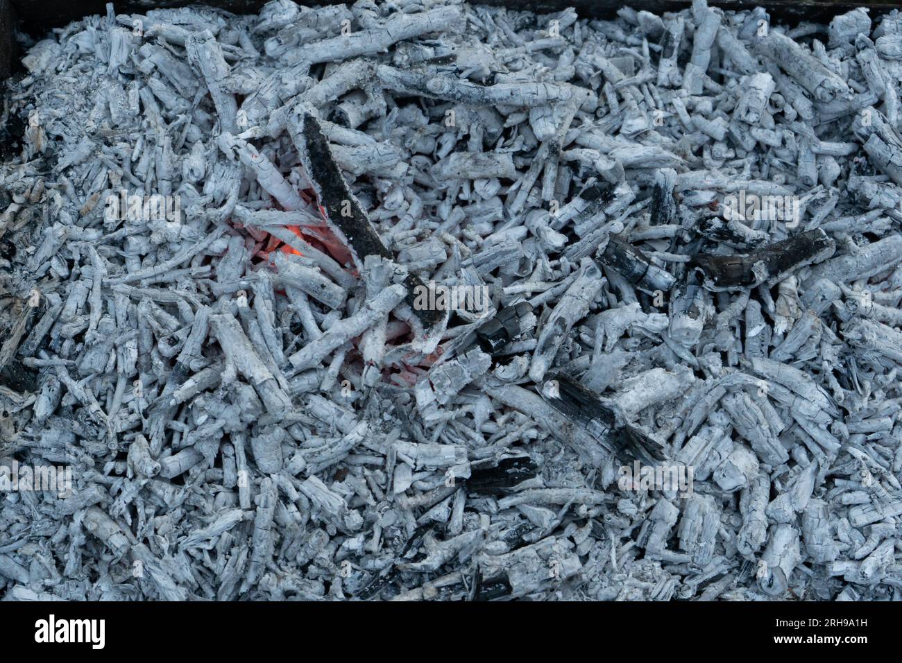 Hintergrund mit grauer Kohlentextur. Textur glüht in der Nähe. Brennende, verfaulende Holzkohle, Kohlen, schwelende Asche mit Feuer im Stahlgrill. Grillsaison unter freiem Himmel. Hochwertige Fotos Stockfoto