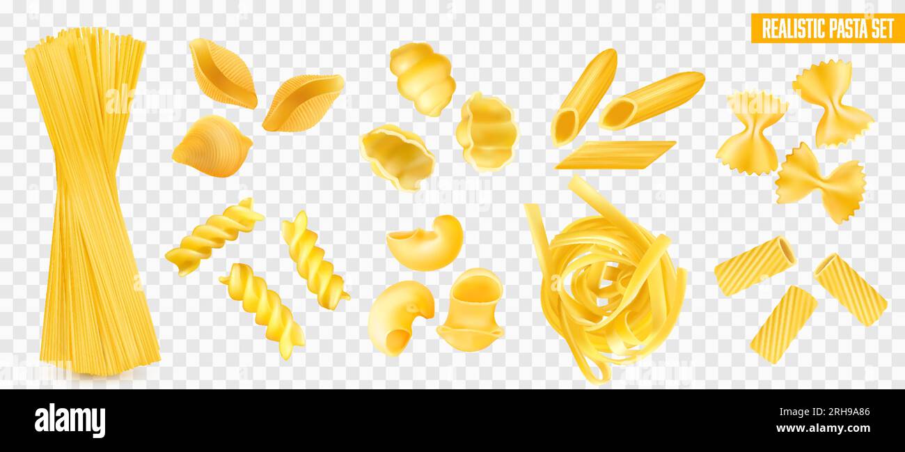 Trockene italienische Nudelsorten realistisches Set mit Spaghetti Penne farfalle tagliatelle fusilli isoliert auf transparenter Hintergrundvektordarstellung Stock Vektor