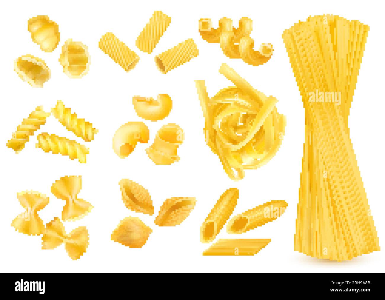 Realistische Darstellung von trockenen italienischen Nudelsorten, isoliert auf weißem Hintergrund Stock Vektor