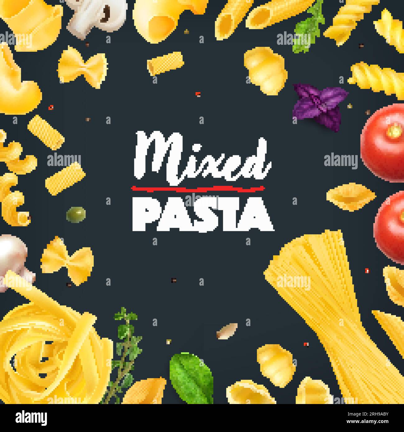 Realistischer Rahmen mit verschiedenen Arten von trockenen italienischen Pasta-Kräutern und Gemüse auf schwarzem Hintergrund Vektordarstellung Stock Vektor