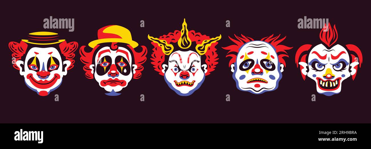 Ein Satz isolierter Clowns Gesichter mit gruseligen Köpfen bemalte Nasen Augenbrauen rote Lippen und lustige Hüte Vektordarstellung Stock Vektor