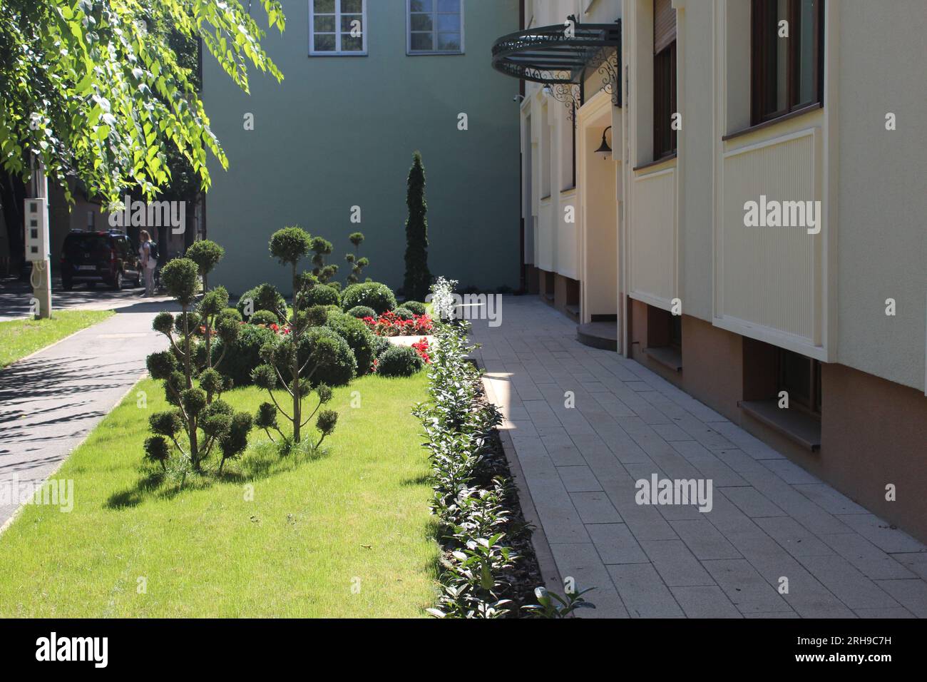 Kleiner Garten auf dem Bürgersteig Stockfoto