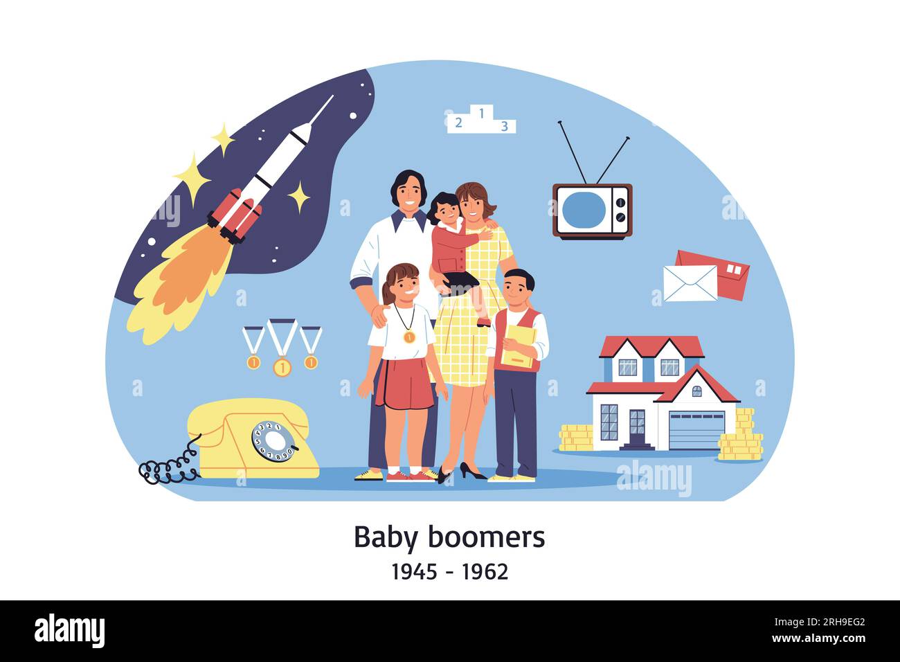 Die Babyboomer der Generation sind mit Charakteren von Familienmitgliedern zusammengesetzt, die Ikonen eines alten Telefon-tv-Vektors mit fliegenden Raketen zeigen Stock Vektor