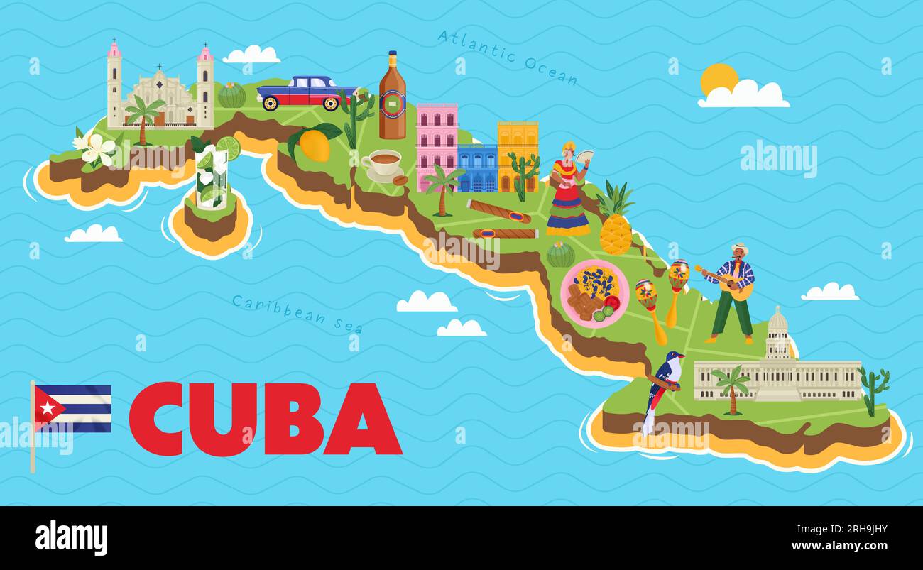 Kuba Karte mit Symbolen Flachposter auf blauem karibischen Meer und atlantik Hintergrund Vektordarstellung Stock Vektor