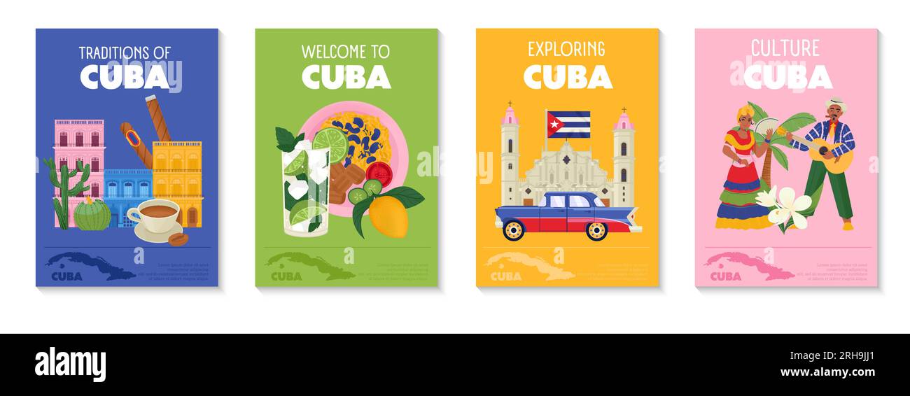 kubanische Traditionen und Kultur farbenfrohe vertikale Poster mit kubanischer Küche, Architektur der Menschen, flache isolierte Vektordarstellung Stock Vektor