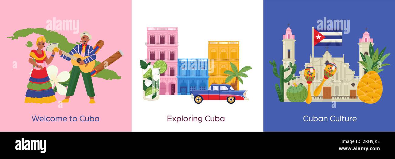 Cuba Travel Flachdesign-Konzept mit tanzenden kubanischen Menschen und Kulturelementen isolierte Vektordarstellung Stock Vektor