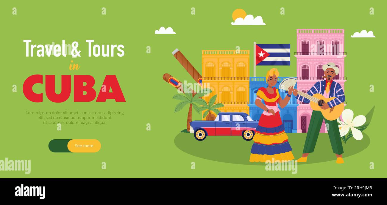 Reisen und Touren in kuba horizontales Banner im flachen Stil mit tanzenden kubanern farbenfrohe Häuser Zigarren auf grünem Hintergrund Vektorbild Stock Vektor