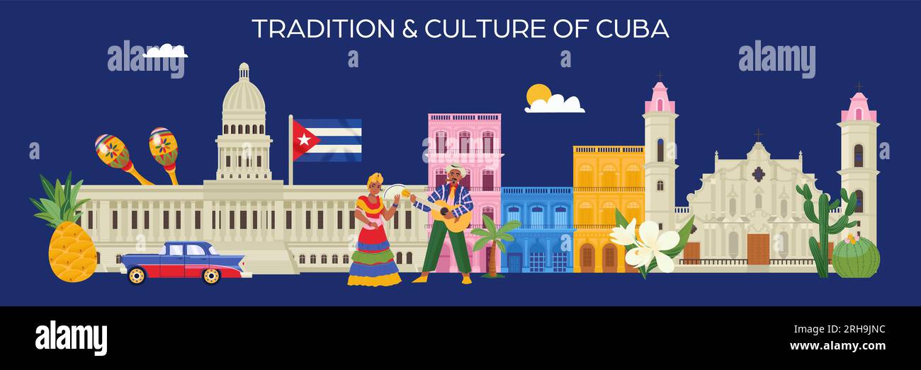 Tradition und Kultur kubas horizontales Flachbanner mit kubanischen Wahrzeichen Flora und Menschen auf blauem Hintergrund Vektordarstellung Stock Vektor