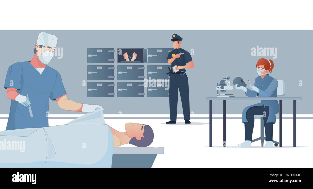 Leichenschauhaus-Flachbild mit forensischem Pathologen, der Autopsie durchführt und Polizeibeamter, der auf Ergebnisvektordarstellung wartet Stock Vektor