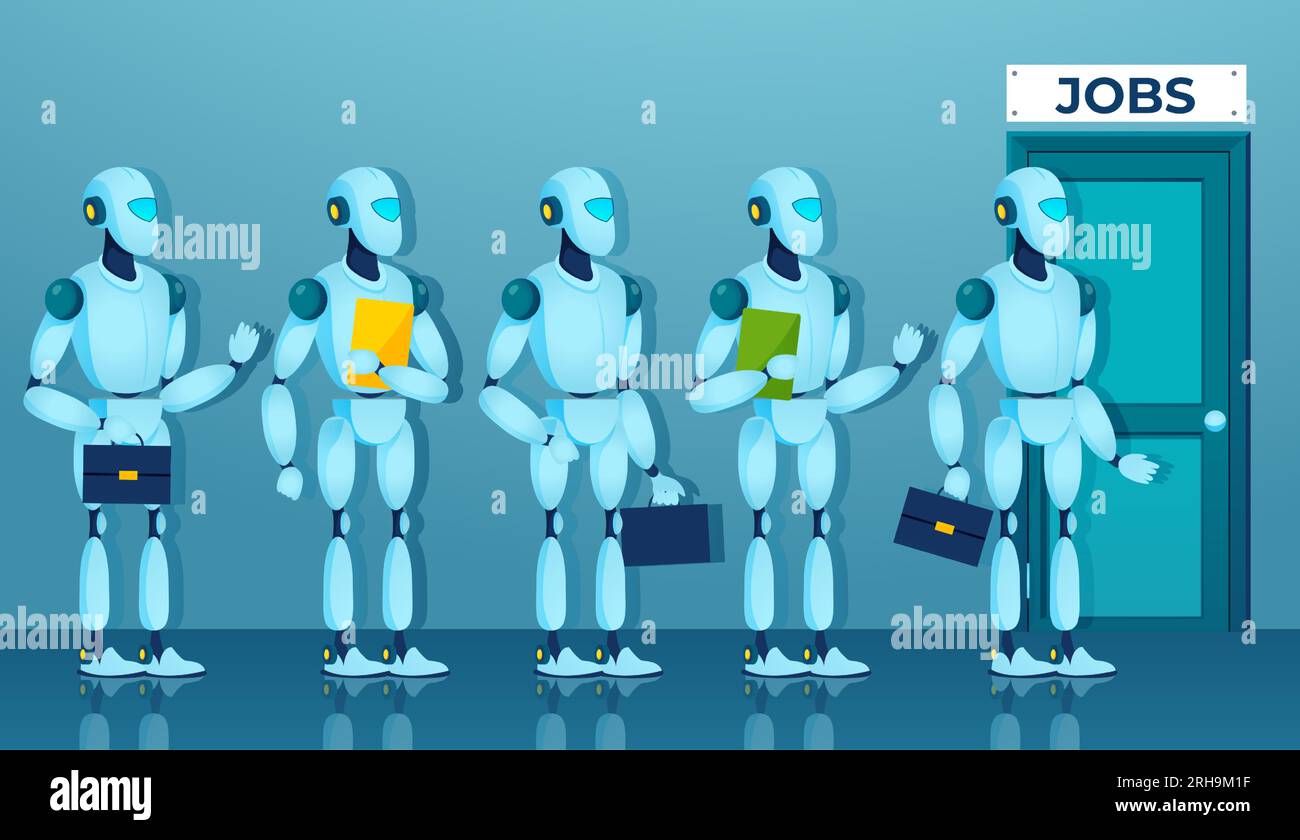 Vektor einer Robotergruppe, die auf ein Vorstellungsgespräch wartet und Menschen ersetzt Stock Vektor