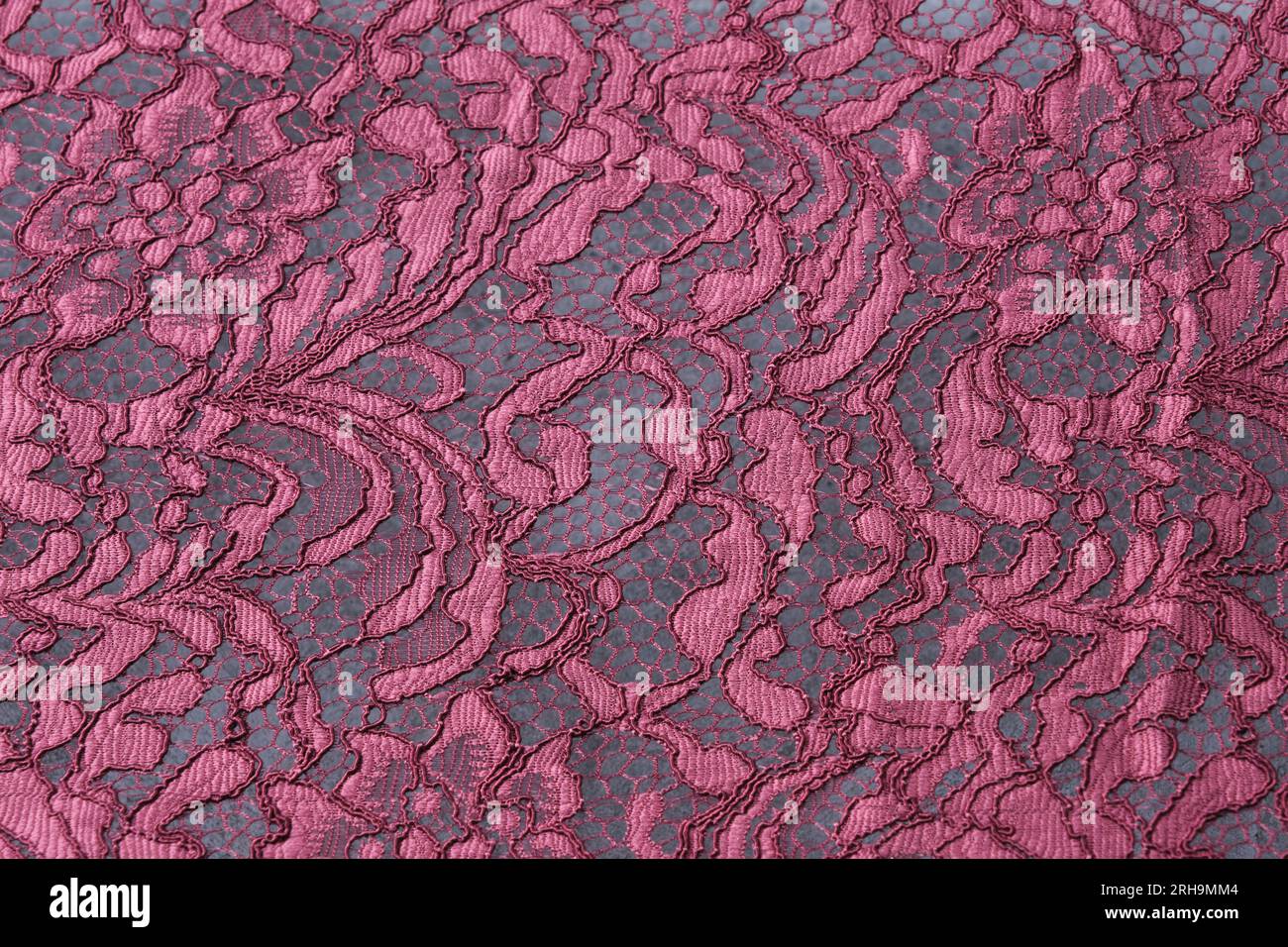 Stoffstruktur. Netzstruktur. Stoffstruktur mit Blumen. Schnurstruktur, Netzgewebe. Schwarzer Synthetikstoff. Kann als Hintergrund verwendet werden Stockfoto
