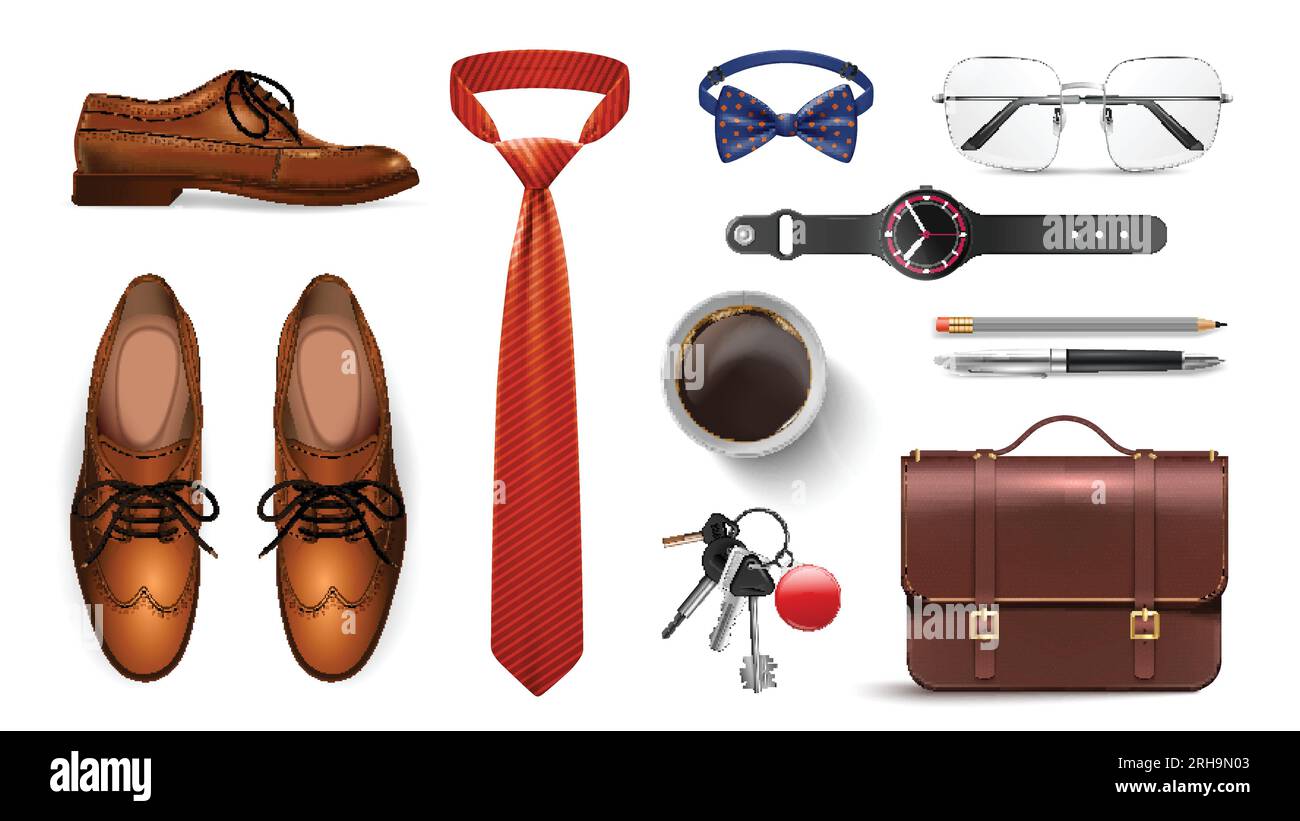 Realistisches Gentleman-Set mit Stiefelbinde und Accessoires Symbole isolierte Vektordarstellung Stock Vektor