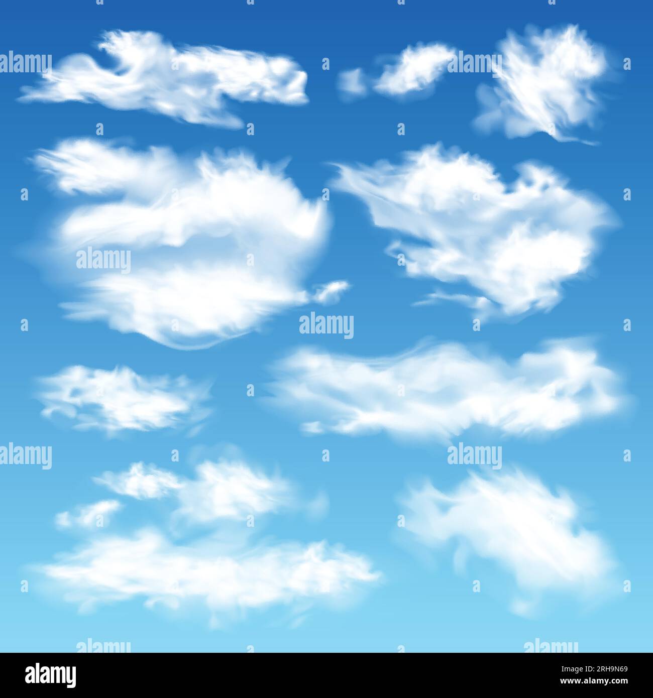 Realistischer Wolkenhimmel mit blauem Himmel und verlaufendem Hintergrund und isolierten weißen Wolken mit verschiedenen Formvektoren Stock Vektor