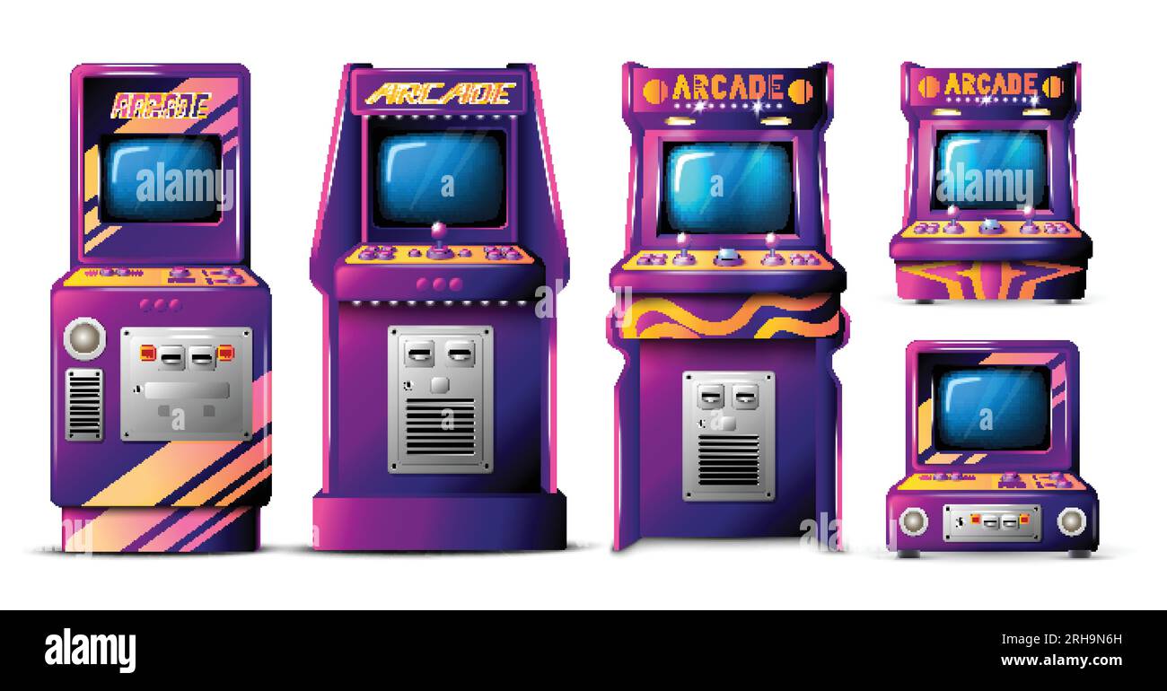 Realistisches Arcade-Spielset mit isolierten Vorderansichten von Retro-Spielautomaten auf leerer Vektordarstellung im Hintergrund Stock Vektor
