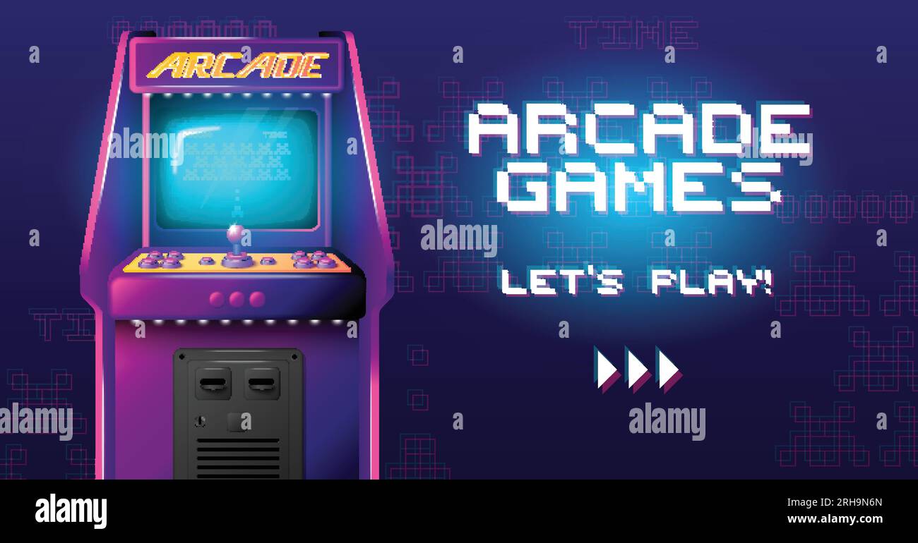 Realistisches horizontales Poster für Arcade-Spiele mit kunstvollem Text im 8bit-Stil und Ansicht einer Vektordarstellung der Retro-Spielmaschine Stock Vektor