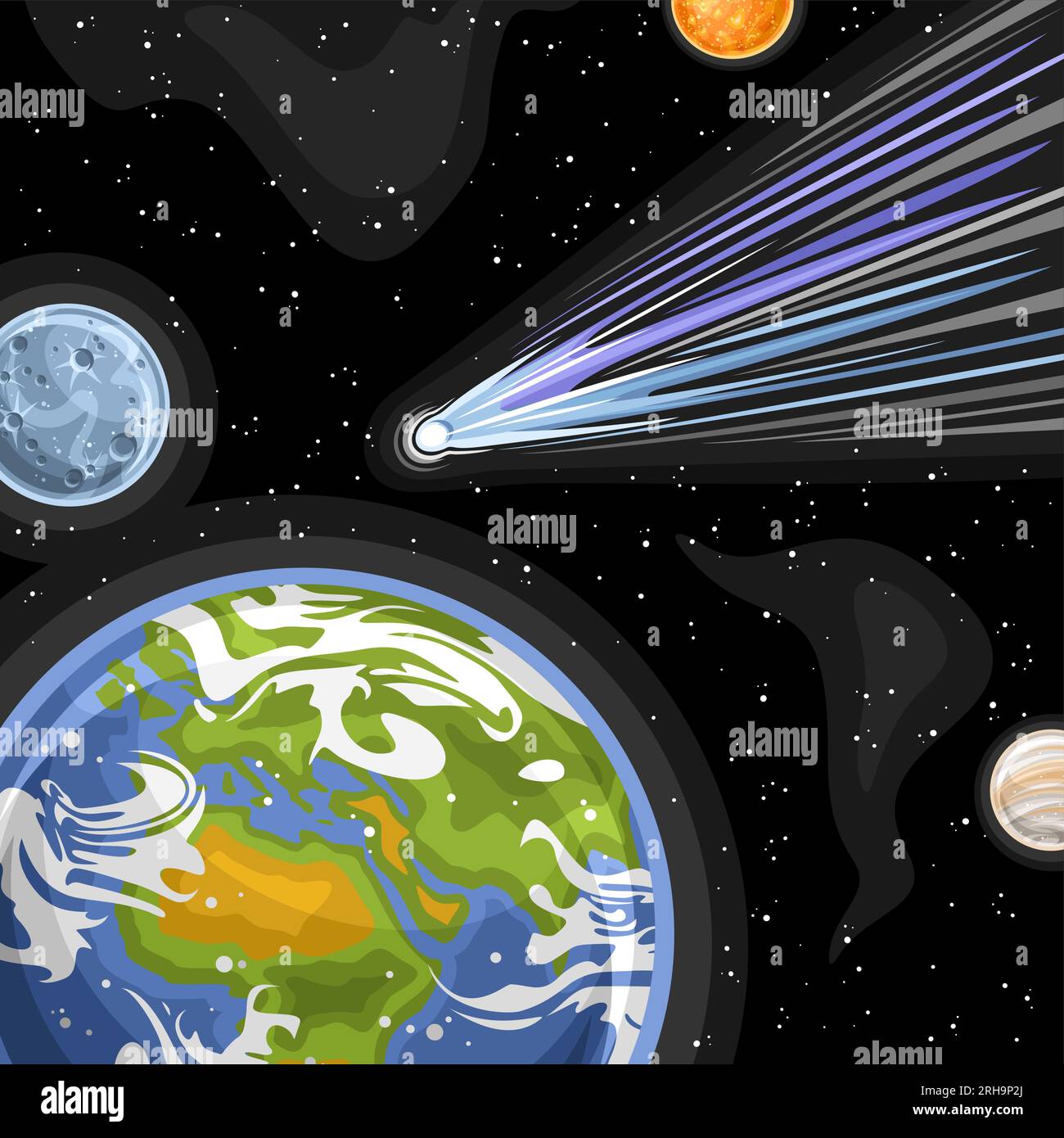 Vektordarstellung des fallenden Kometen, quadratisches, astronomisches Poster mit Cartoon-Design, das blauen Eiskometen in Erde und Mond schießt, dekorativ futuristisch Stock Vektor