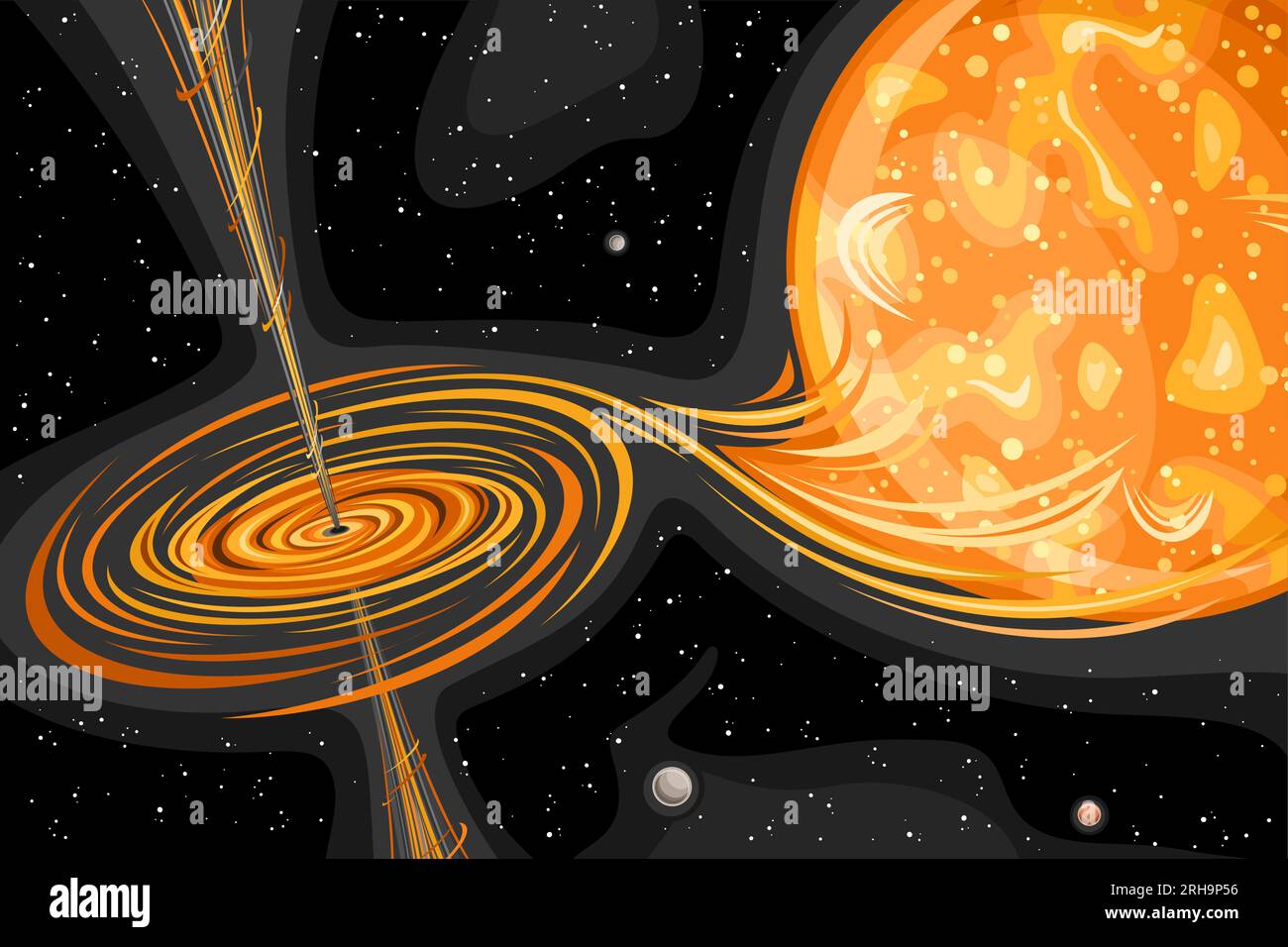 Vektordarstellung des Black Hole, futuristisches horizontales Poster mit schwarzem wirbelförmigem Loch, das einen supermassiven orangefarbenen heißen Stern im tiefen Raum absorbiert, dekorativ Stock Vektor