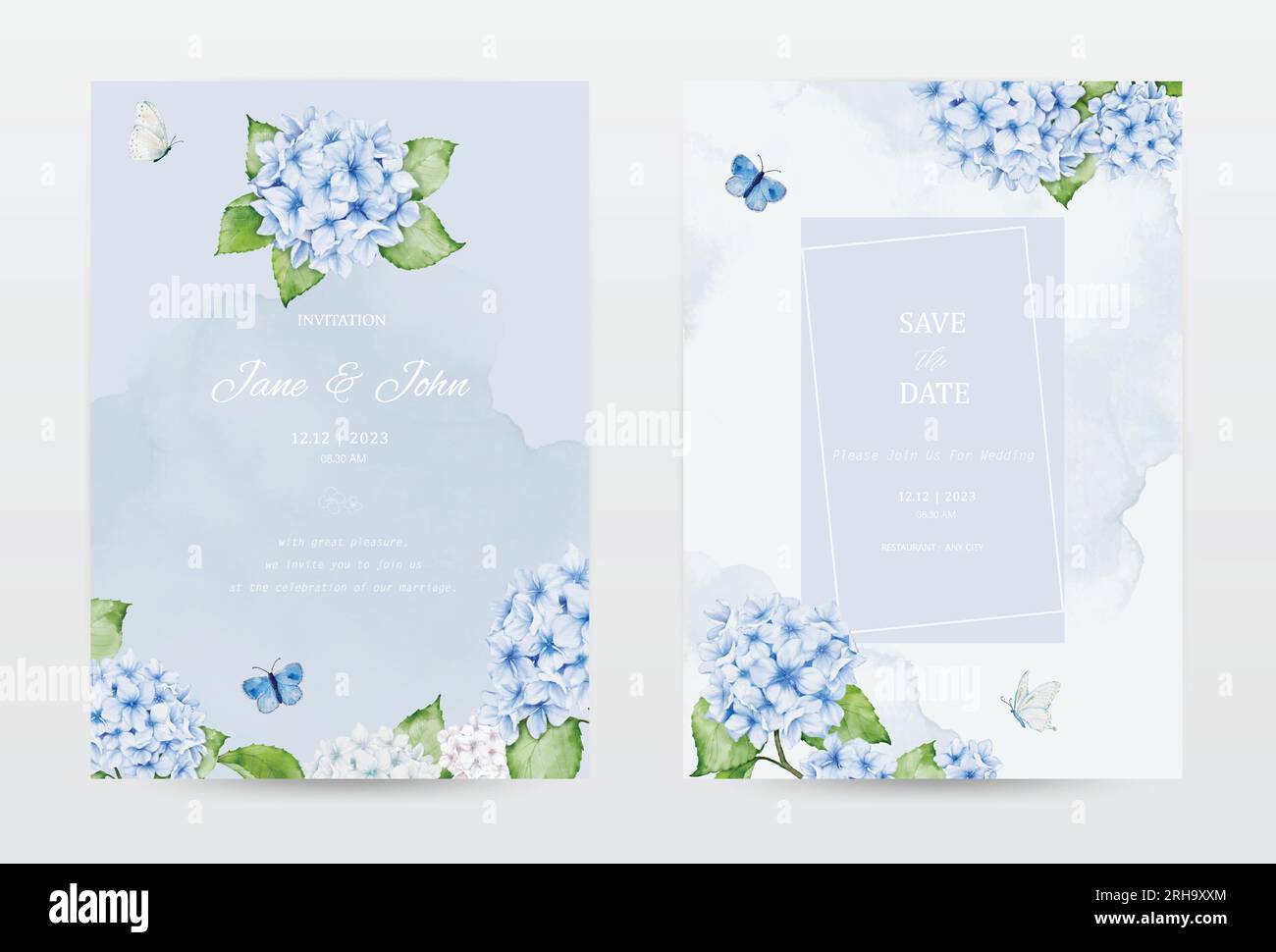 Set mit Aquarell-Pastellkarten mit blauen Hortensien, mit Schmetterlingen und Fleckenmuster dekoriert. Vector perfekt für eine Hochzeit ca. Stock Vektor